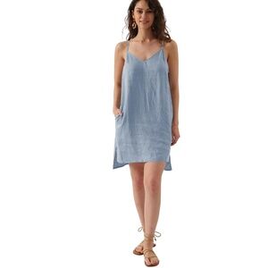 Amazhiyu 100% Linen Shift Slip Dress Tank Sky Blue Sleeveless Pockets